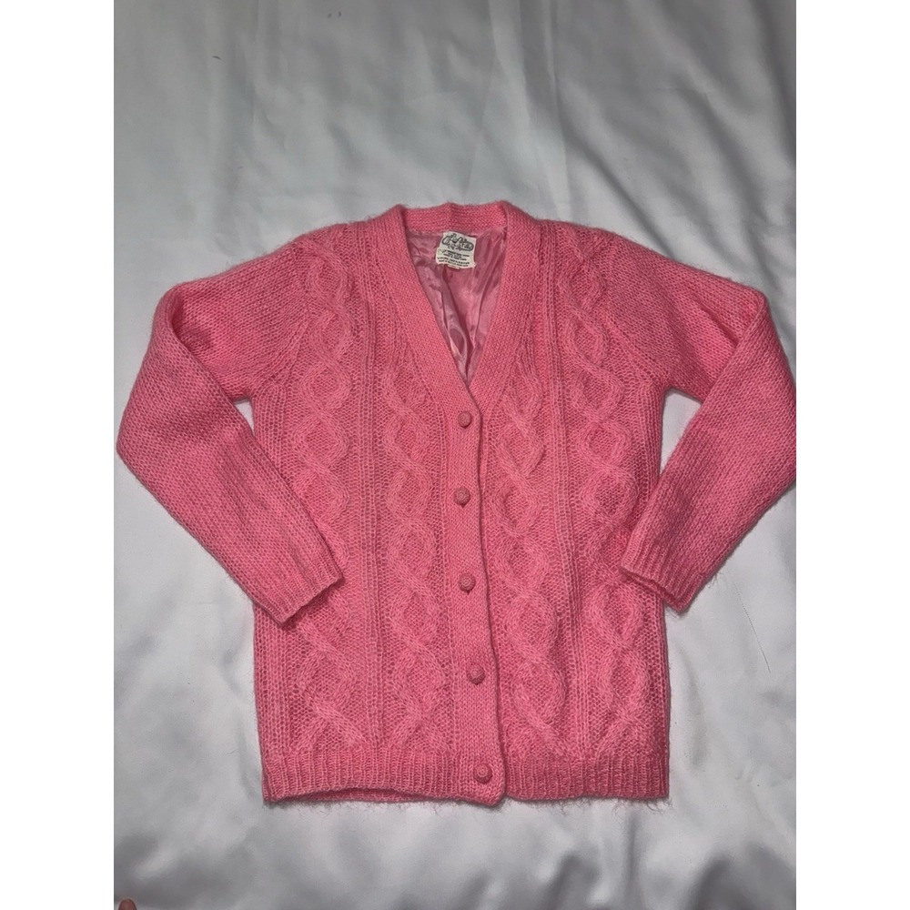 Vintage Filly Pink Mohair Cardigan XS S British Hong Kong 60s Cable Knit Sweater